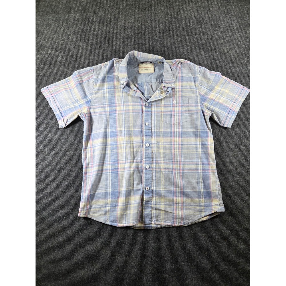 Weatherproof Vintage Mens Large Plaid Short Sleeve Button Down Shirt Blue Yellow